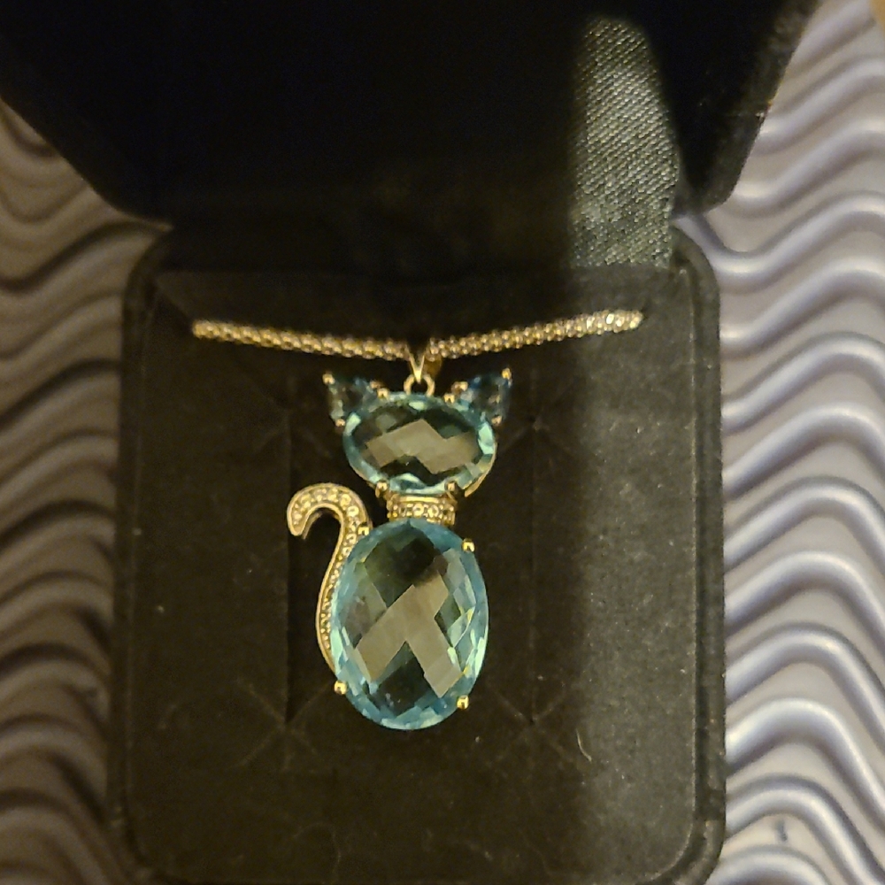 Elegant.925 Sterling Silver Blue Topaz & Pave Cat Pendant Necklace In 18" NWOT